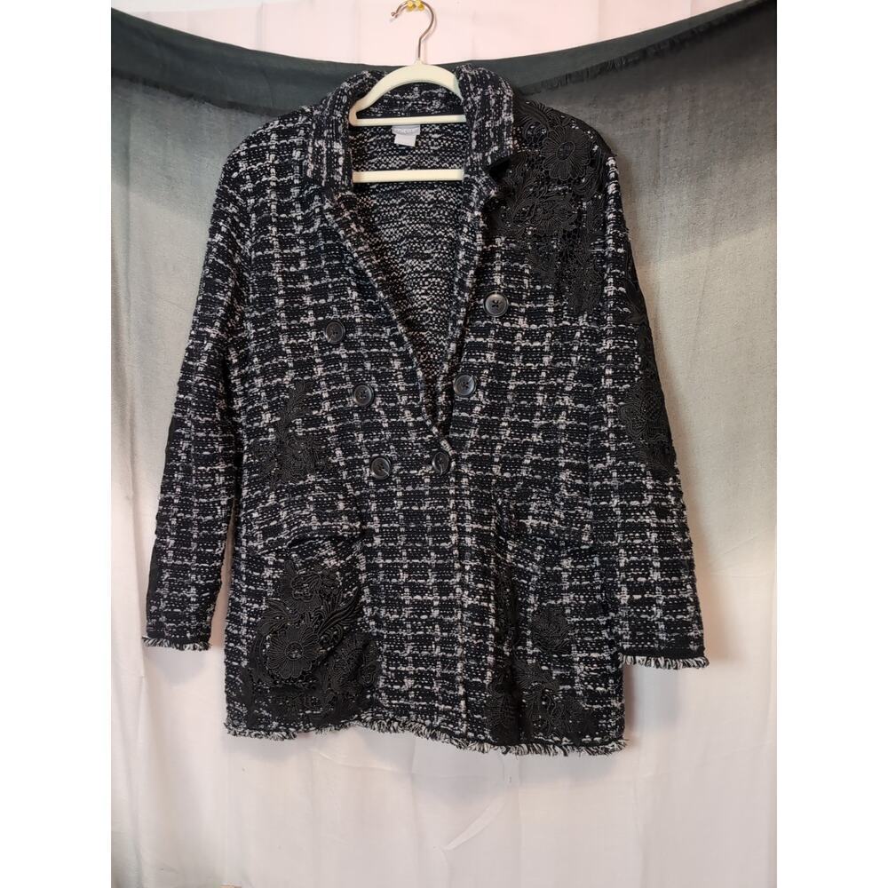 Chico's Woman's Tweed w/ Lace Accents button Front Jacket Work Size 3(400)